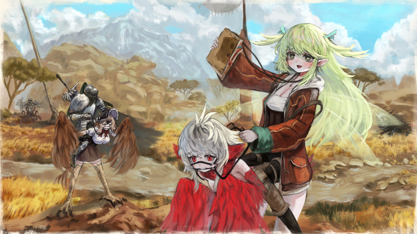 1boy, 3girls, absurdres, alternate_costume, animal_ears, armor, bare_shoulders, bird_ears, bird_legs, bit_gag, black_pants, black_souls, black_souls_2, blue_sky, bonnet, book, bow, bowtie, breasts, brown_eyes, brown_hair, brown_jacket, brown_skirt, brown_wings, closed_mouth, cloud, cloudy_sky, dodo_(black_souls), fairy, fairy_wings, feathered_wings, feathers, full_armor, gag, gauntlets, goose_(black_souls), green_eyes, green_hair, grimm_(black_souls), hair_between_eyes, harpy, helmet, highres, holding, holding_book, jacket, jewelry, large_breasts, leaf_(black_souls), leash, long_hair, long_sleeves, monster_girl, mountainous_horizon, multiple_girls, necklace, open_clothes, open_jacket, open_mouth, outdoors, pants, pointy_ears, puffy_short_sleeves, puffy_sleeves, punchable, red_bow, red_bowtie, red_eyes, red_feathers, red_wings, riding, ropeperson, savannah, shirt, short_hair, short_sleeves, skirt, sky, smile, sword, two_side_up, weapon, white_hair, white_shirt, wide_shot, winged_arms, wings