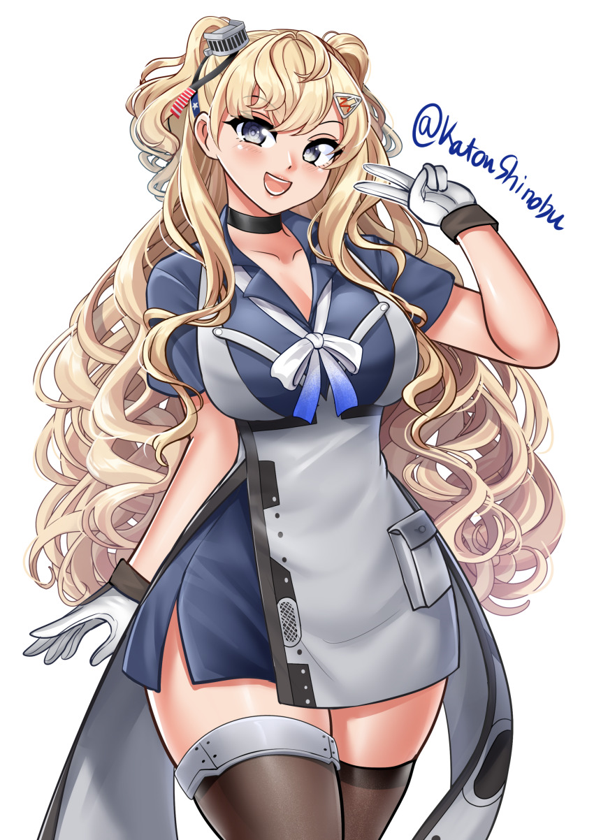 1girl, absurdres, black_gloves, black_thighhighs, blonde_hair, blue_shirt, breasts, collared_shirt