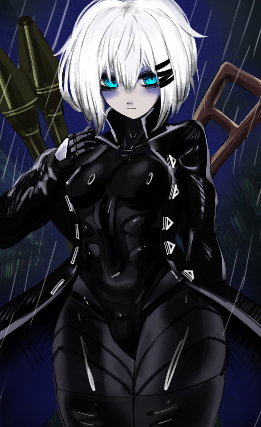 1girl, absurdres, bags_under_eyes, black_coat, blue_eyes, bodysuit, bodysuit_under_clothes, breasts