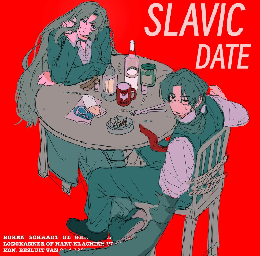 1boy, 1girl, alcohol, beard_stubble, black_choker, black_jacket, black_vest, bottle, brown_eyes, brown_hair, chair, choker, cigarette, cigarette_butt, closed_mouth, cup, facial_hair, gregor_(project_moon), highres, jacket, limbus_company, long_hair, long_sleeves, low_ponytail, mug, necktie, ntcke, parted_bangs, ponytail, project_moon, red_background, red_necktie, rodion_(project_moon), shirt, simple_background, sitting, smoking, stubble, sweat, tied_to_chair, very_long_hair, vest, vodka, white_shirt
