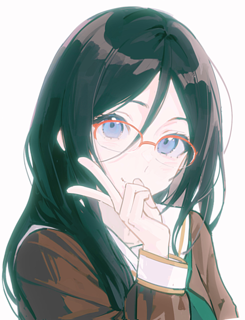 1girl, black_hair, bloom, blue_eyes, brown_shirt, closed_mouth, glasses, green_neckerchief, hair_between_eyes, hand_up, hibike!_euphonium, highres, kitauji_high_school_uniform, linbeiyx, long_hair, long_hair_between_eyes, long_sleeves, looking_at_viewer, neckerchief, parted_bangs, portrait, red-framed_eyewear, sailor_collar, sailor_shirt, school_uniform, shirt, simple_background, sleeve_cuffs, smile, solo, split_mouth, straight_hair, tanaka_asuka, v, white_background, white_sailor_collar, winter_uniform