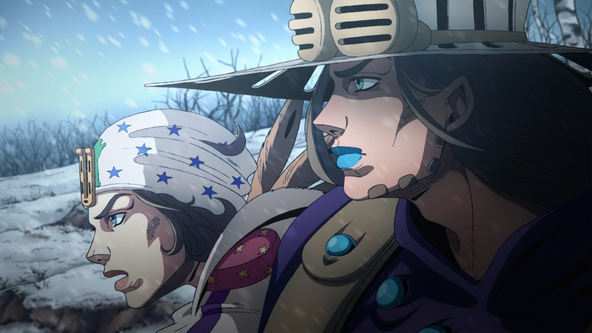 2boys, anime_coloring, araki_hirohiko_(style), beanie, beard, blue_eyes, blue_lips, brown_hair