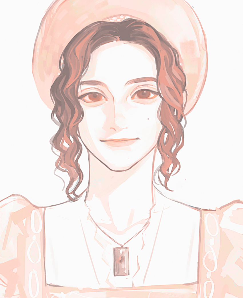 1girl, brown_eyes, brown_hair, commentary, curly_sidelocks, english_commentary, forehead, headdress, highres, jewelry, lilia_calderu, linbeiyx, lips, marvel, mole, mole_under_eye, mole_under_mouth, multiple_moles, pale_color, pendant, pink_headdress, portrait, puffy_sleeves, realistic, sidelocks, simple_background, smile, solo, square_neckline, straight-on, wavy_hair, white_background