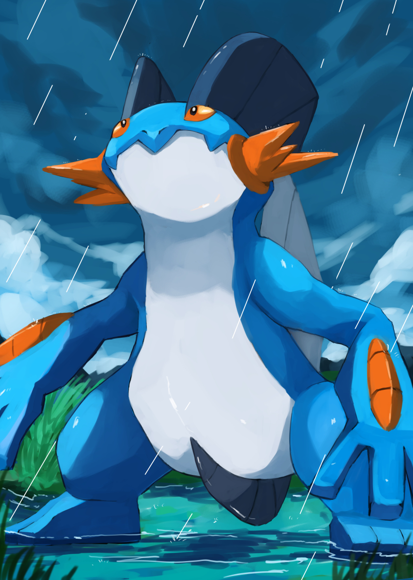 absurdres, black_eyes, blue_skin, closed_mouth, cloud, cloudy_sky, colored_sclera, colored_skin