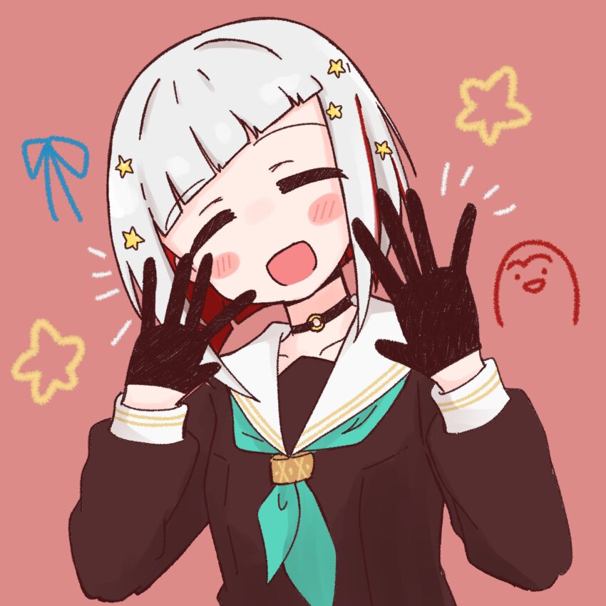 1girl, :d, ^_^, amado_(amaddo_club), aqua_neckerchief, bird, black_choker, black_gloves