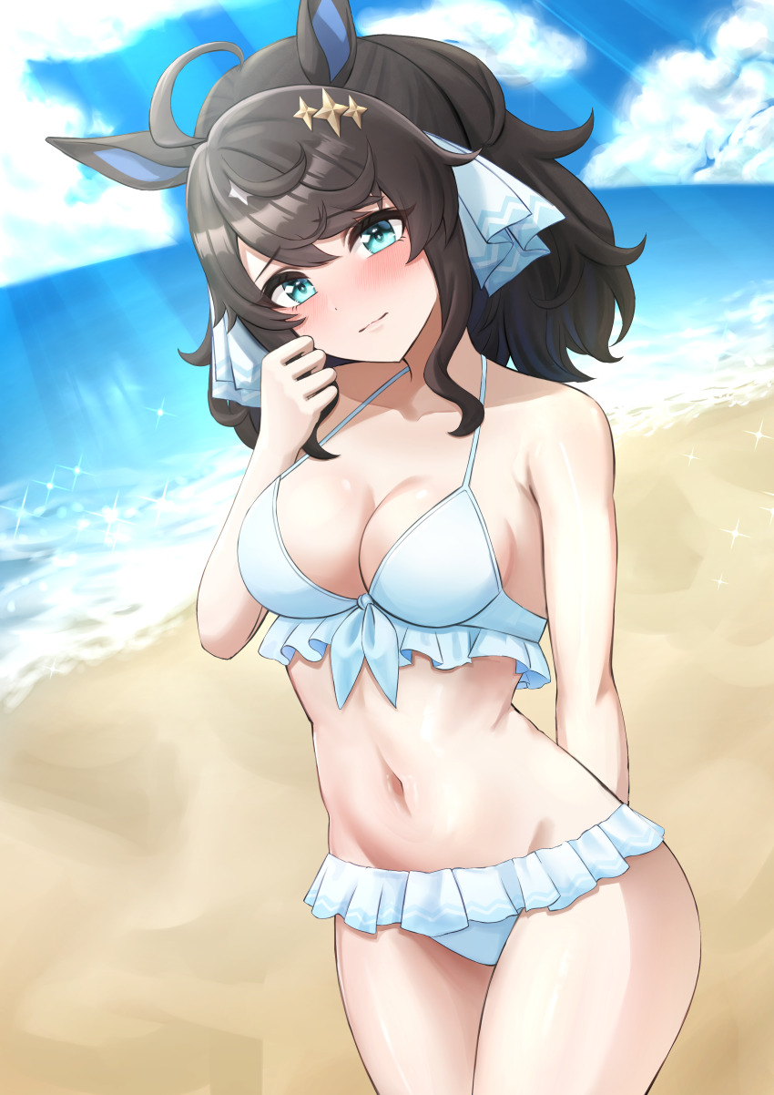1girl, absurdres, ahoge, animal_ears, beach, bikini, black_hair, breasts