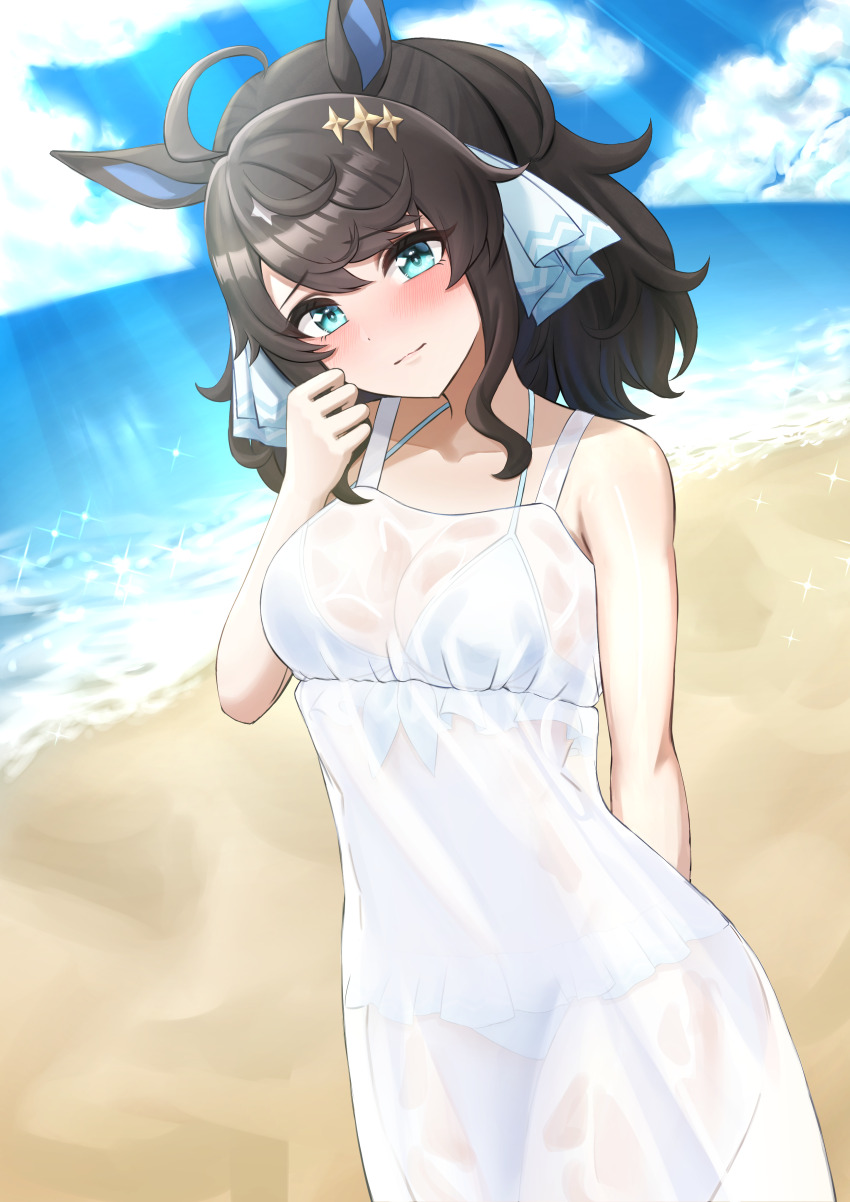 1girl, absurdres, ahoge, bikini, black_hair, blue_eyes, breasts, cloud