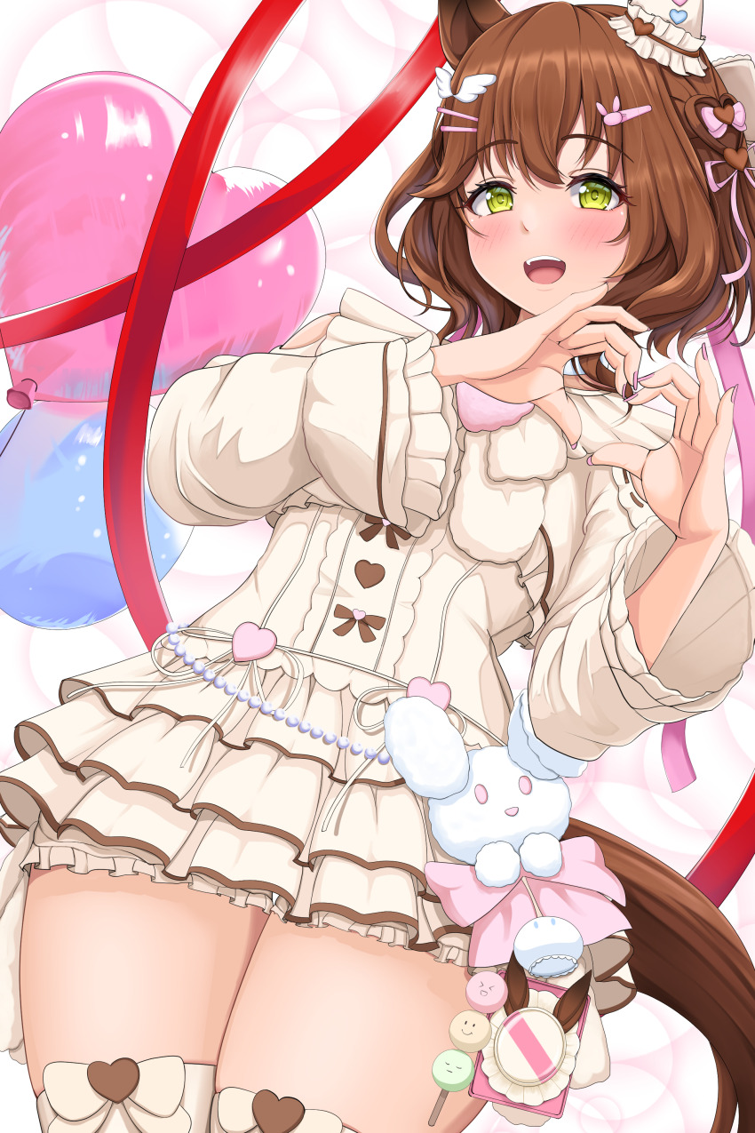 1girl, four-finger_heart_hands, absurdres, animal_ears, aston_machan_(everlasting_candy)_(umamusume), aston_machan_(umamusume), balloon, blush