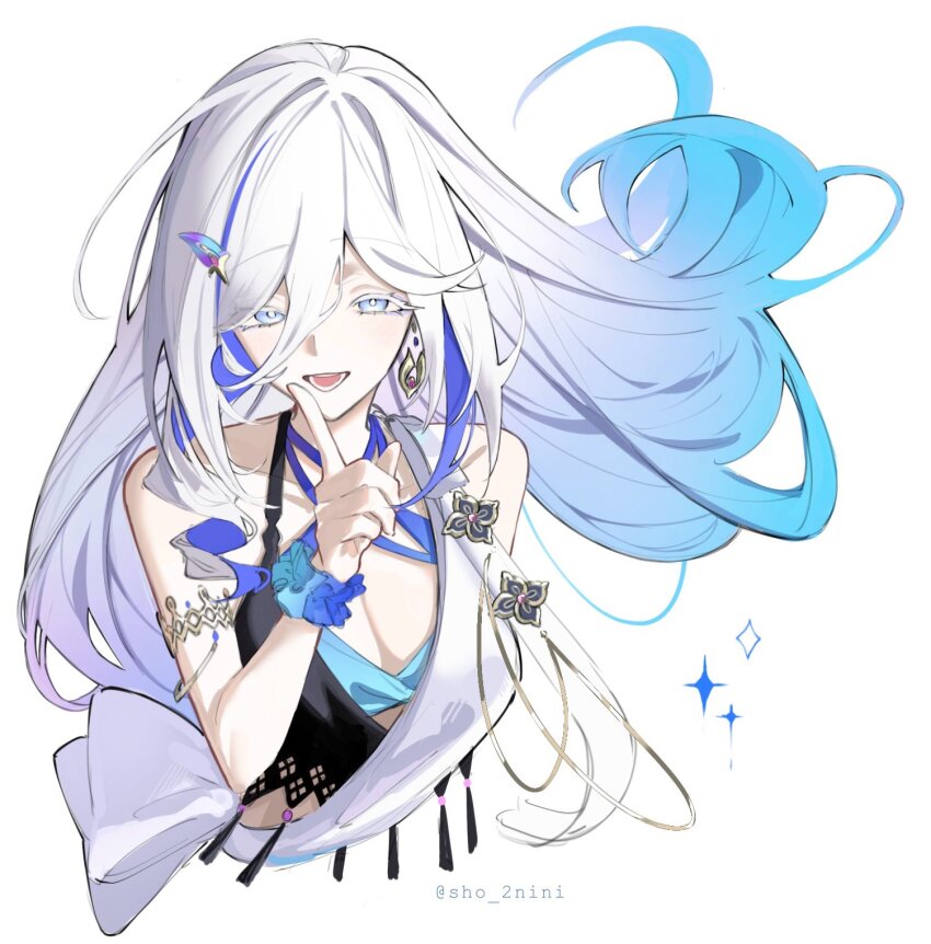 1girl, artist_name, blue_eyes, blue_hair, breasts, cleavage, commentary, cropped_torso