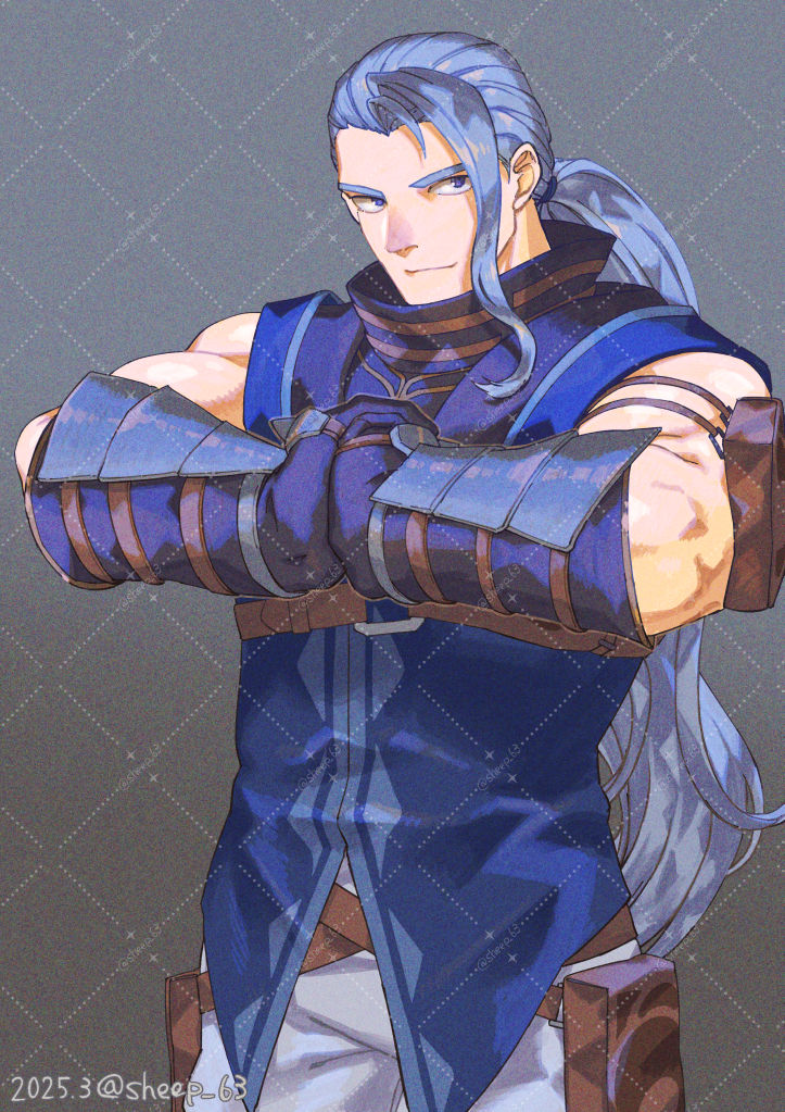 1boy, artist_name, blue_hair, closed_mouth, commentary_request, dated, duren_(ys), fist_in_hand