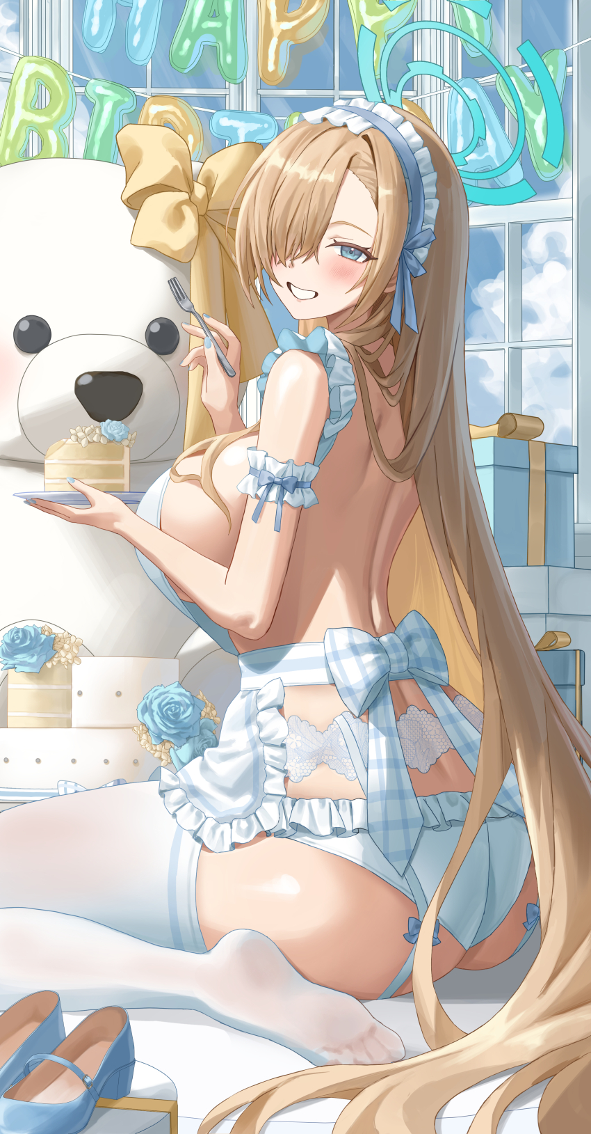 1girl, absurdres, apron, ass, asuna_(blue_archive), birthday_cake, blue_archive, blue_eyes