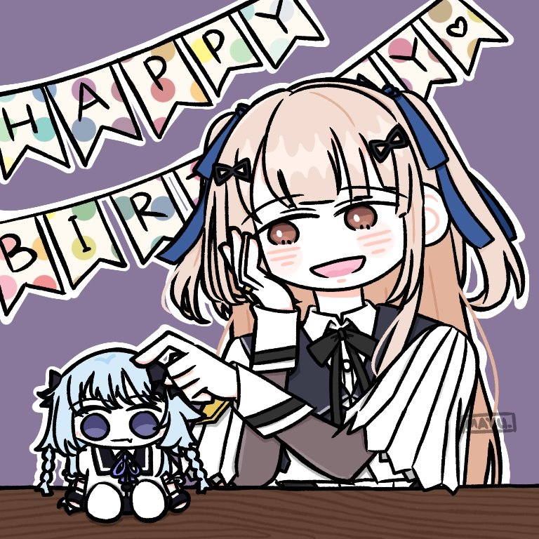 1girl, :d, artist_name, assault_lily, black_ribbon, blue_ribbon, blush, brown_eyes