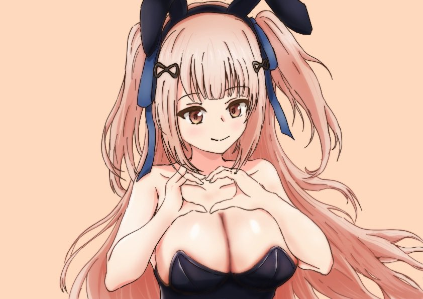 1girl, animal_ears, assault_lily, bare_arms, bare_shoulders, black_hairband, black_leotard, blue_ribbon, blush, breasts, brown_background, brown_hair, cleavage, closed_mouth, commentary_request, fake_animal_ears, hair_ribbon, hairband, hands_up, heart, heart_hands, large_breasts, leotard, long_hair, looking_at_viewer, nukenin_(maato), playboy_bunny, rabbit_ears, ribbon, simple_background, smile, solo, strapless, strapless_leotard, tada_shiera, two_side_up, upper_body