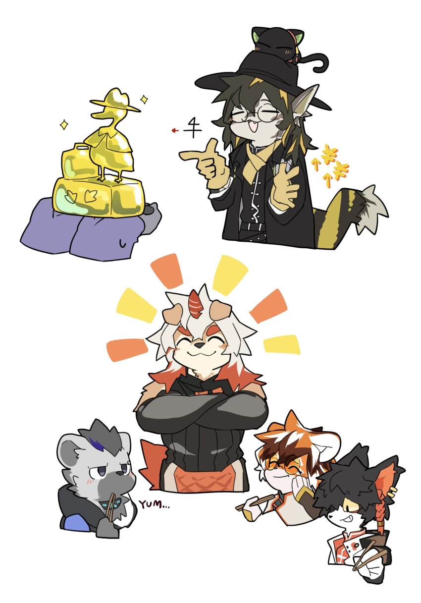 1girl, 5boys, aak_(arknights), absurdres, animal_ears, black_hair, black_scales, cat_boy, cat_ears, animal_nose, colored_tips, commentary_request, crossed_arms, dragon_boy, dragon_ears, english_text, furry, furry_female, furry_male, grey_fur, highres, hung_(arknights), hyena_boy, hyena_ears, komainu_boy, komainu_ears, lee_(arknights), looking_at_another, luo_xiaohei, luo_xiaohei_(cat), luo_xiaohei_zhanji, multicolored_hair, multiple_boys, orange_hair, sitting, spot_(arknights), spot_(professional)_(arknights), tiger_ears, tiger_girl, tiger_stripes, waai_fu_(arknights), white_background, yo_kai_kuroxman
