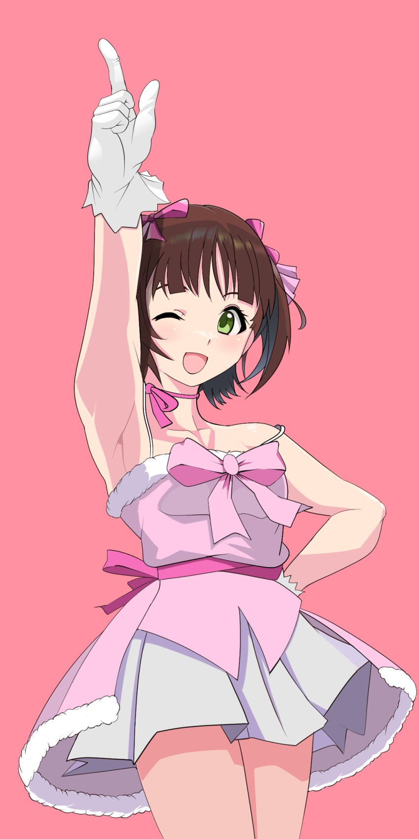 1girl, amami_haruka, arm_up, armpits, bare_shoulders, blush, bow, brown_hair