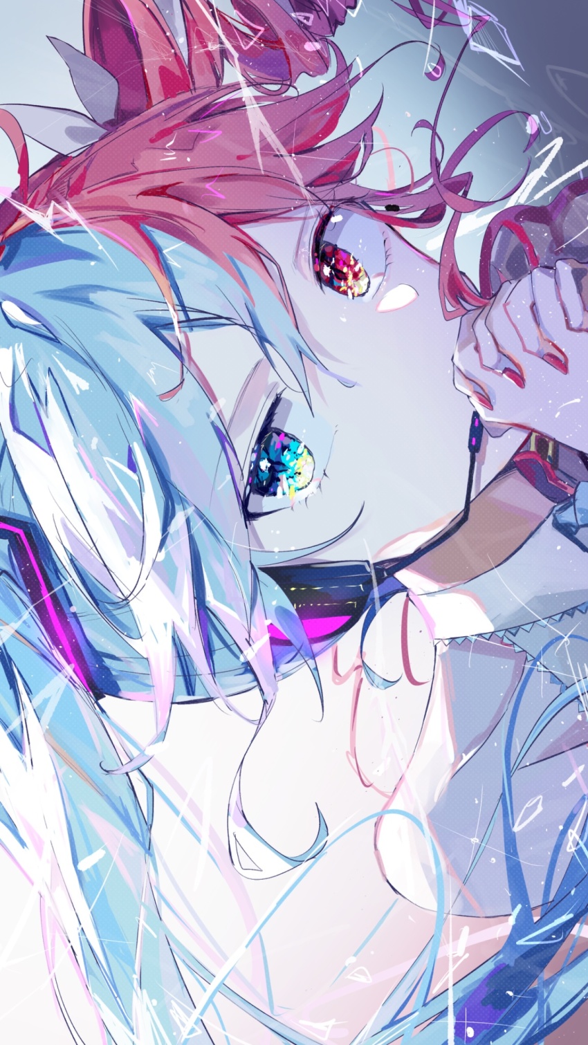 1girl, ai_no_uta_(synthesizer), blue_eyes, blue_hair, bow, drill_hair, fingernails, from_side