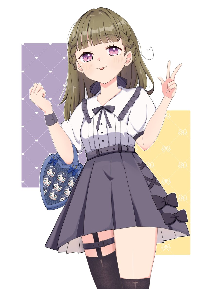 1girl, :i, :p, absurdres, asymmetrical_legwear, badge, belt, black_ribbon