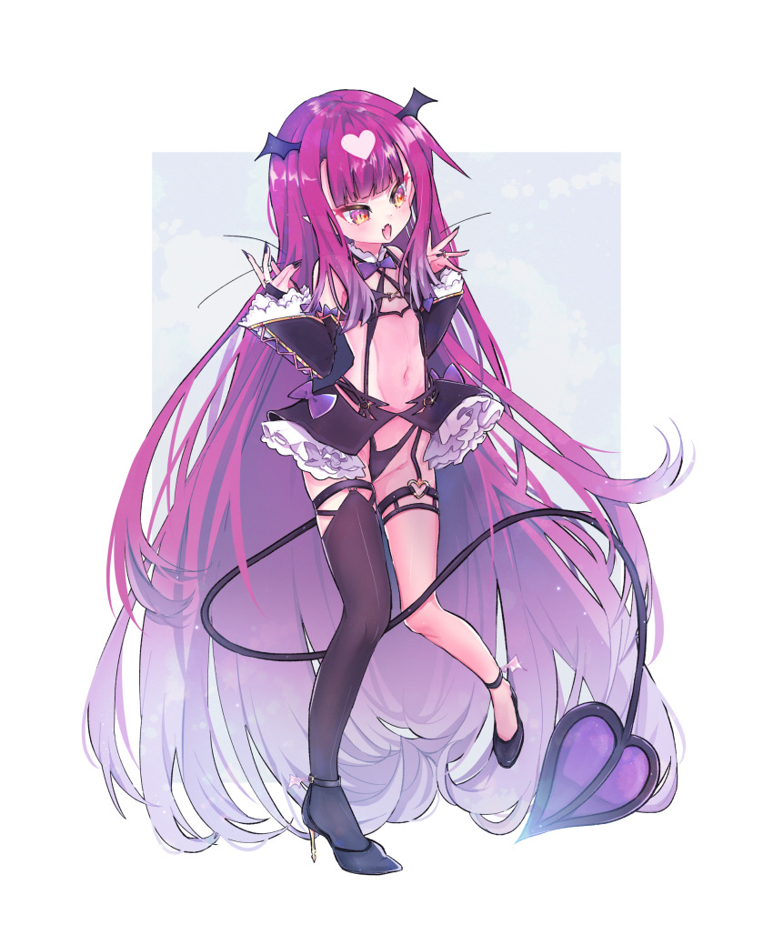 1girl, 3_(8315684), absurdres, bikini, black_bikini, black_nails, black_shoes, black_skirt, black_sleeves, black_thighhighs, blue_background, blush, bow, bowtie, demon_girl, demon_tail, detached_sleeves, dot_nose, eyelashes, fang, female_focus, fingernails, flat_chest, frilled_skirt, frilled_sleeves, frills, full_body, garter_straps, hands_up, head_wings, high_heels, highres, loli, long_fingernails, long_hair, looking_afar, maou-jou_de_oyasumi, nail_polish, navel, open_mouth, pointy_ears, purple_bow, purple_bowtie, purple_hair, shoes, showgirl_skirt, simple_background, single_thighhigh, skin_fang, skirt, solo, standing, standing_on_one_leg, succyun, swimsuit, tail, thigh_strap, thighhighs, two-tone_background, two-tone_skirt, two-tone_sleeves, very_long_hair, w_arms, white_background, white_skirt, white_sleeves, wings, yellow_eyes