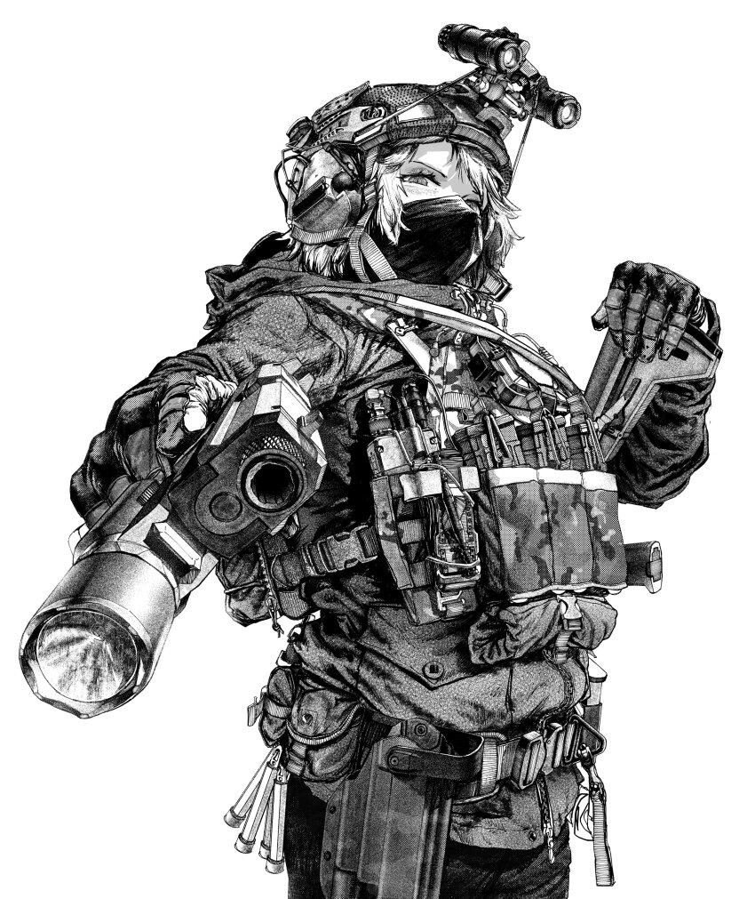 1girl, absurdres, ammunition_pouch, assault_rifle, black_gloves, bulletproof_vest, chest_rig, darius_billie_(moonkez), gloves, gun, highres, holding, holding_gun, holding_weapon, jacket, load_bearing_vest, long_sleeves, looking_at_viewer, mask, military_operator, monochrome, mouth_mask, night_vision_device, original, outstretched_arm, pointing, pointing_at_viewer, pouch, rifle, short_hair, solo, solo_focus, tactical_clothes, weapon