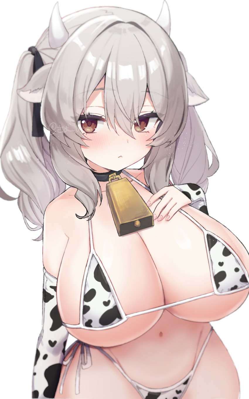 1girl, :<, absurdres, akikan_sabako, animal_ears, animal_print, bare_shoulders, bell, bikini, black_collar, black_ribbon, blush, breasts, brown_eyes, choker, cleavage, closed_mouth, collar, collarbone, commentary, cow_ears, cow_girl, cow_horns, cow_print, cow_print_bikini, cow_tail, cowbell, cowboy_shot, curvy, detached_sleeves, elbow_gloves, gloves, grey_hair, hair_between_eyes, hair_ribbon, hand_on_own_chest, highleg, highres, horns, huge_breasts, large_breasts, long_hair, looking_at_viewer, medium_hair, micro_bikini, milltina_(vrchat), navel, neck_bell, print_bikini, ribbon, side-tie_bikini_bottom, sidelocks, simple_background, skindentation, solo, swimsuit, tail, thick_thighs, thighhighs, thighs, twintails, twitter_username, underboob, vrchat, wavy_hair, white_background, white_bikini, white_thighhighs, wide_hips