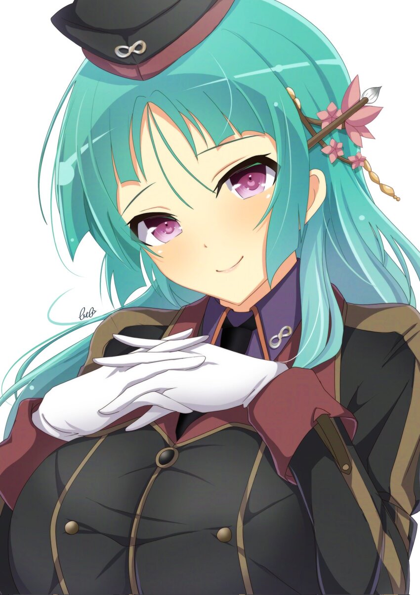 1girl, aqua_hair, bashou_(senran_kagura), betterthanbone2, black_necktie, breasts, fingers_interlaced, flower, gloves, green_hair, hair_flower, hair_ornament, hat, highres, large_breasts, looking_at_viewer, military_uniform, necktie, purple_eyes, purple_shirt, senran_kagura, senran_kagura_new_link, senran_kagura_new_wave, shirt, simple_background, smile, solo, white_background, white_gloves