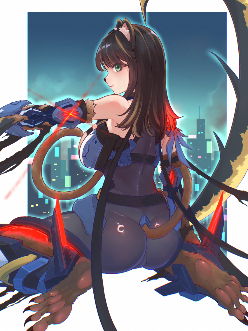 1girl, absurdres, animal_ears, arm_blade, ass, bare_shoulders, black_bodysuit, black_hair