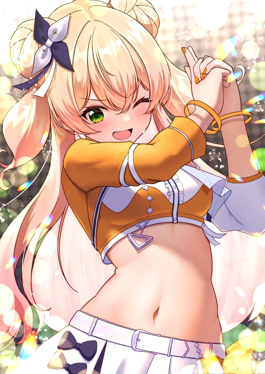 1girl, absurdres, blonde_hair, blush, cowboy_shot, cropped_shirt, double_bun, fang