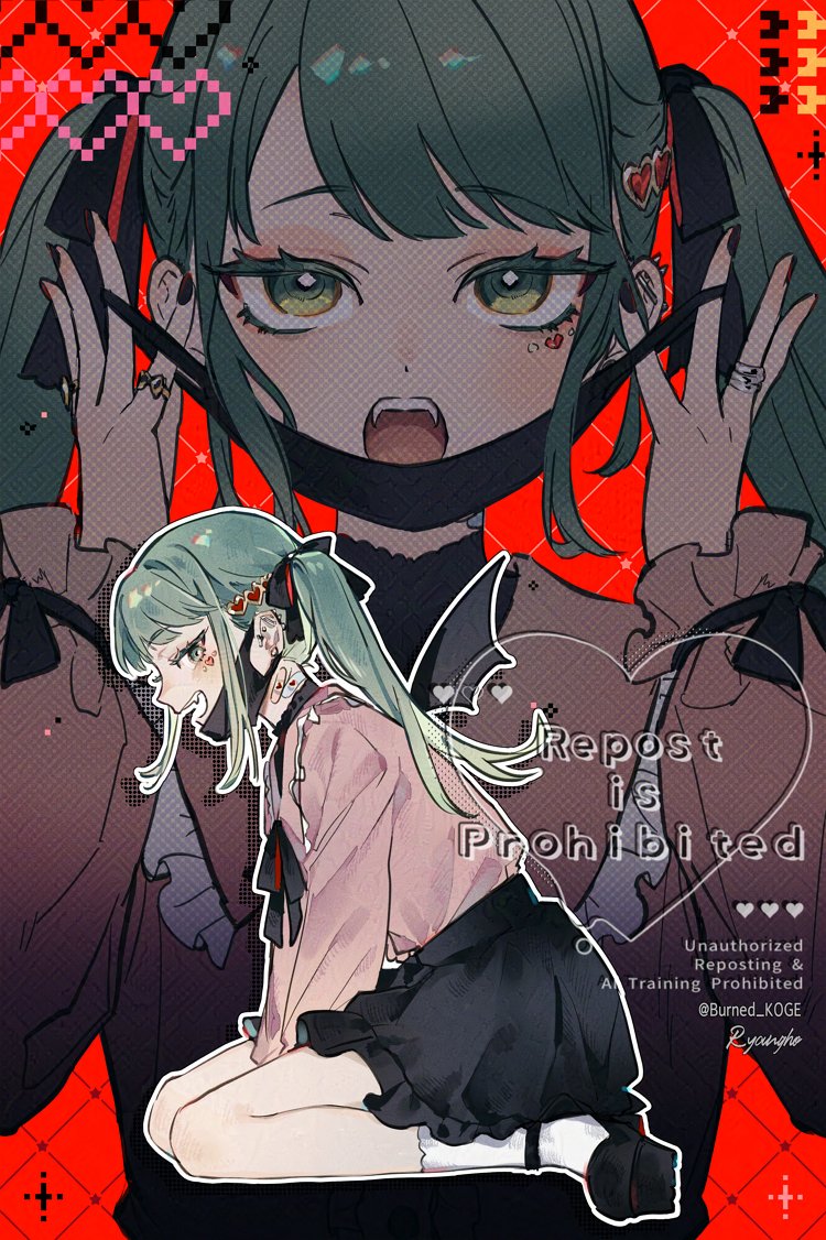 1girl, aqua_hair, bandaid, bandaid_on_neck, barbell_piercing, bat_wings, black_nails, black_ribbon, black_shoes, black_skirt, blue_eyes, blue_hair, burned_koge, collar, ear_piercing, fangs, frilled_collar, frills, hair_ornament, hair_ribbon, hatsune_miku, heart, heart_hair_ornament, industrial_piercing, jewelry, jirai_kei, long_hair, long_sleeves, looking_at_viewer, mask, mouth_mask, neck_ribbon, open_mouth, piercing, pink_shirt, red_nails, removing_mask, ribbon, ring, shirt, shoes, sitting, skirt, smile, socks, twintails, vampire, vampire_(vocaloid), vocaloid, wariza, white_socks, wings