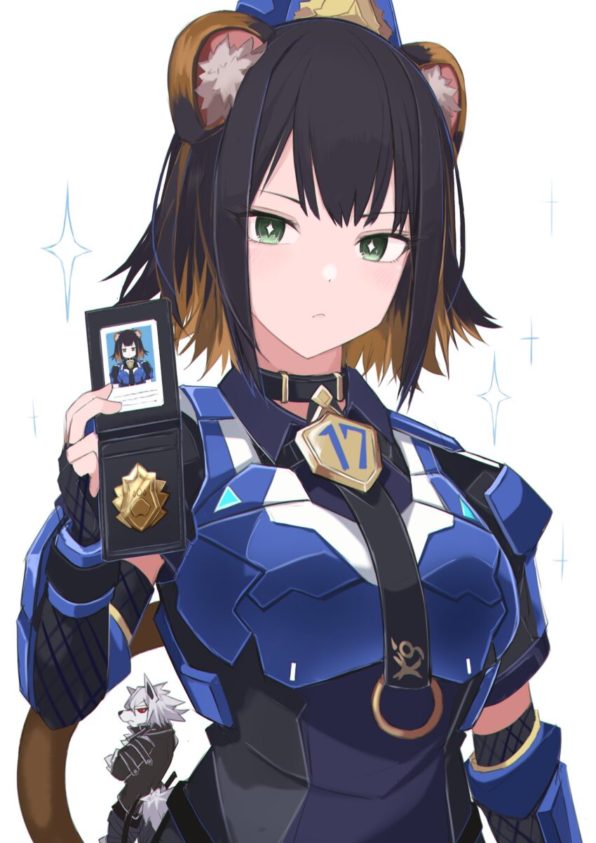 1boy, 1girl, animal_ears, armor, badge, black_bodysuit, black_hair, blue_armor
