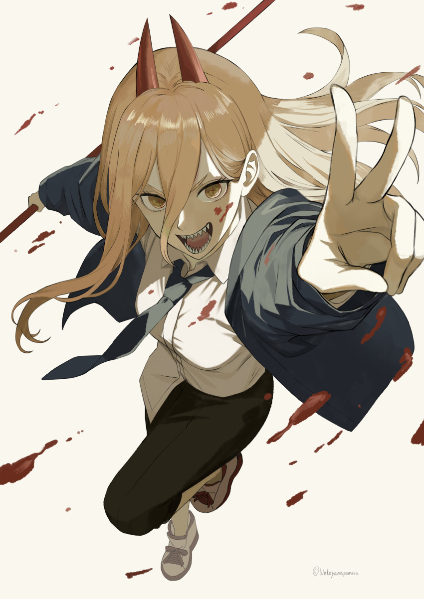 1girl, absurdres, black_necktie, black_pants, blonde_hair, blood, blue_jacket, chainsaw_man