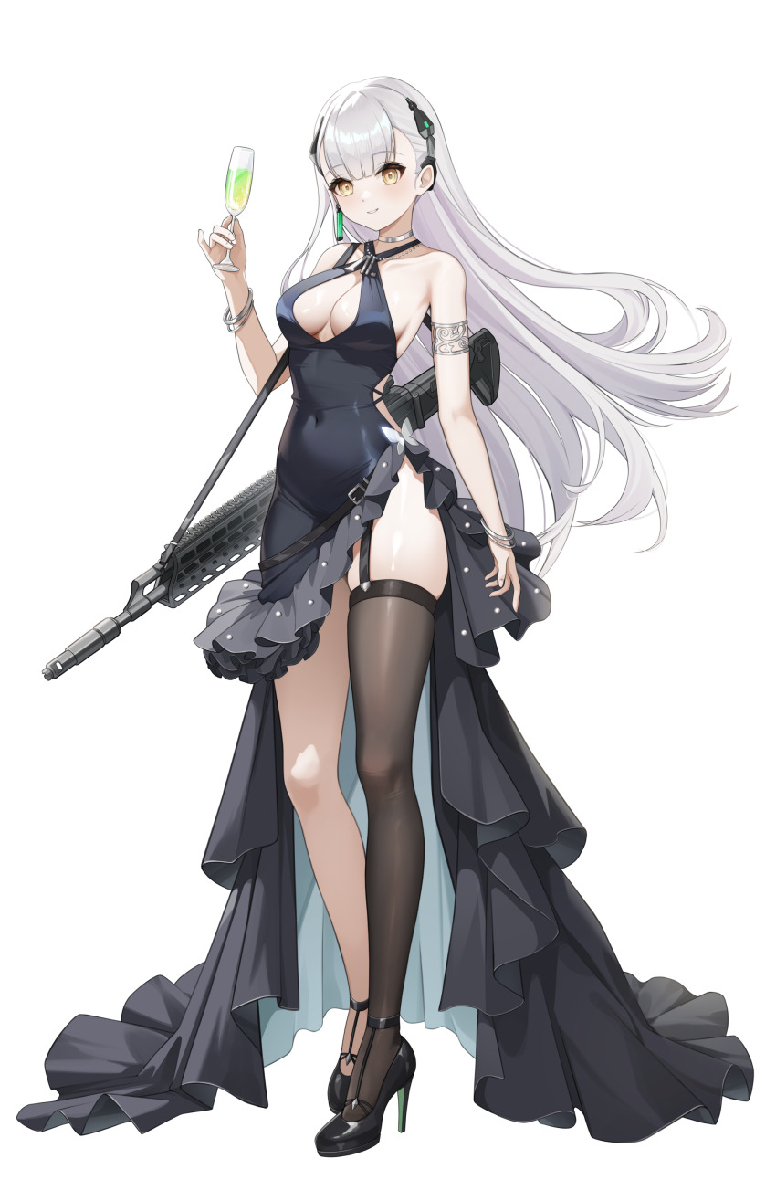 1girl, absurdres, ak-alfa, ak-alfa_(girls'_frontline), alternate_costume, armlet, assault_rifle, black_dress