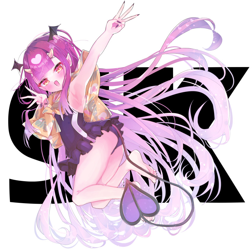 1girl, 3_(8315684), alternate_costume, arm_up, armpits, bare_legs, barefoot, demon_girl