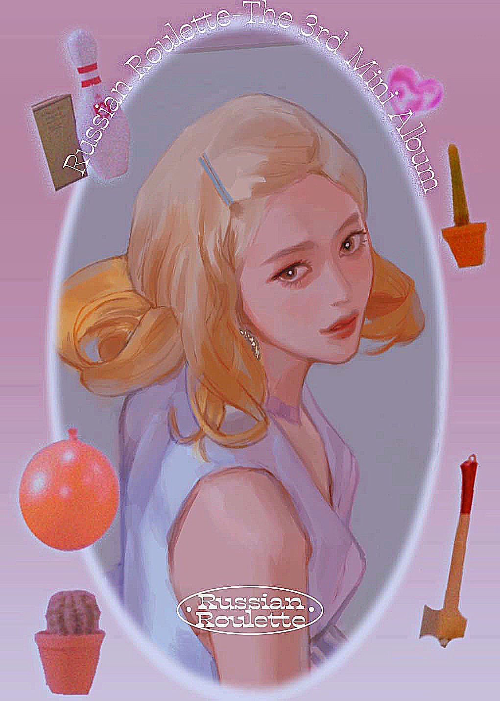 1girl, album_name, balloon, blonde_hair, bowling_pin, brown_eyes, dorcas1004, earrings