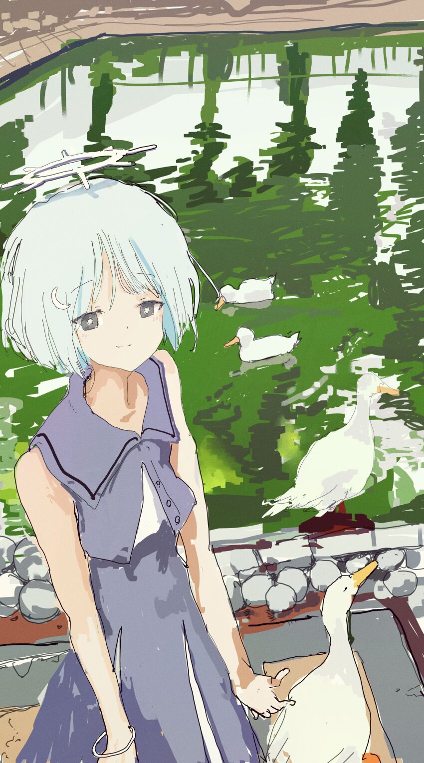 1girl, absurdres, arms_at_sides, bird, blunt_ends, bob_cut, bracelet, coeiroink