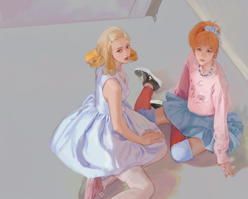 2girls, blonde_hair, blue_skirt, brown_eyes, dorcas1004, dress, earrings, hair_ornament