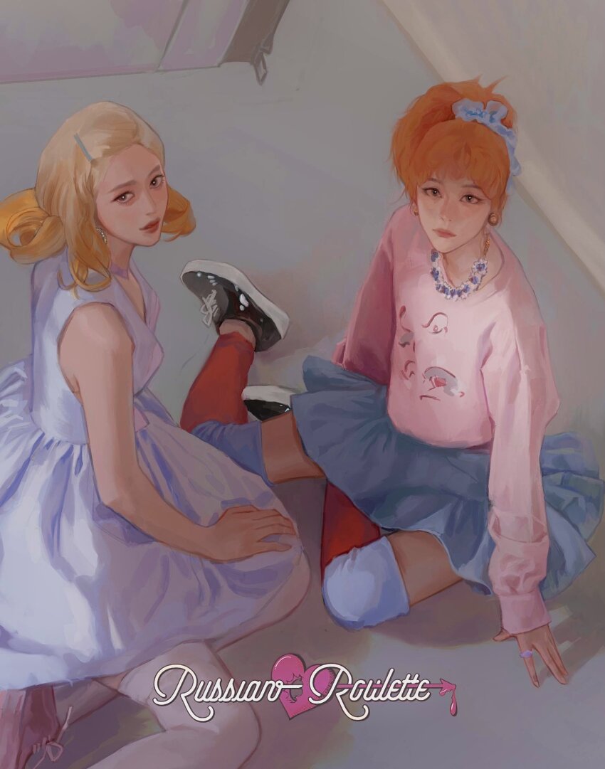 2girls, album_name, blonde_hair, blue_bow, blue_dress, blue_skirt, blunt_bangs, bow, brown_eyes, clock, closed_mouth, dorcas1004, dress, earrings, full_body, hair_ornament, hairpin, hashtag-only_commentary, heart, highres, jewelry, joy_(red_velvet), k-pop, looking_at_viewer, looking_up, makeup, mascara, multiple_girls, necklace, orange_hair, pink_sweater, ponytail, profile, real_life, realistic, red_velvet_(group), ring, seulgi_(red_velvet), shoes, sitting, skirt, sneakers, song_name, sweater, yokozuwari