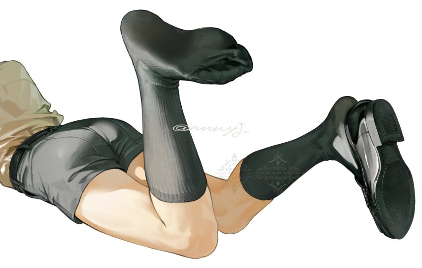 1boy, ass, black_shoes, black_shorts, black_socks, head_out_of_frame, highres, lying