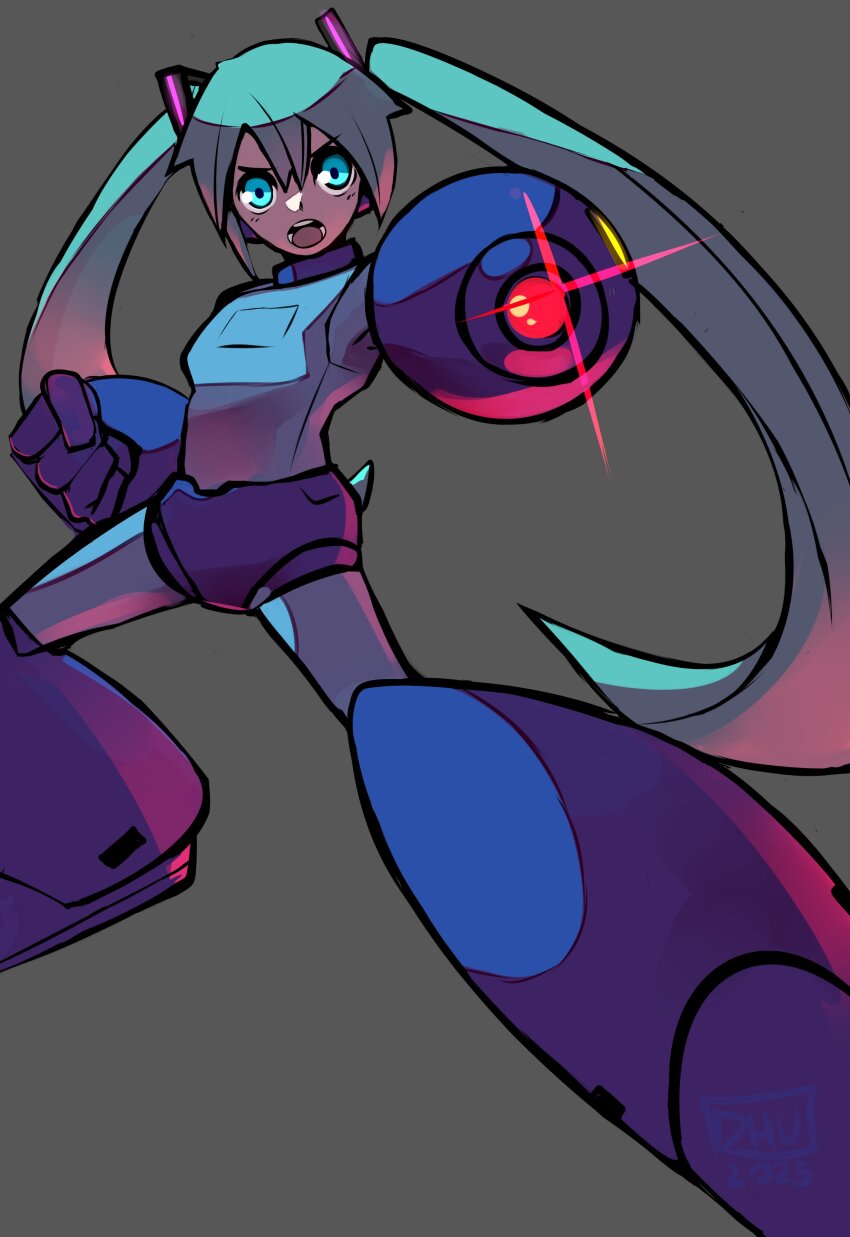 1girl, absurdres, aiming, aiming_at_viewer, arm_cannon, blue_eyes, blue_hair, cosplay