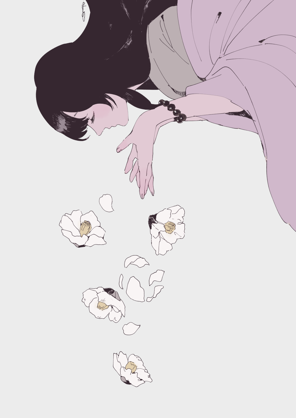 1girl, bead_bracelet, beads, black_hair, blowing, bracelet, closed_eyes, commentary_request