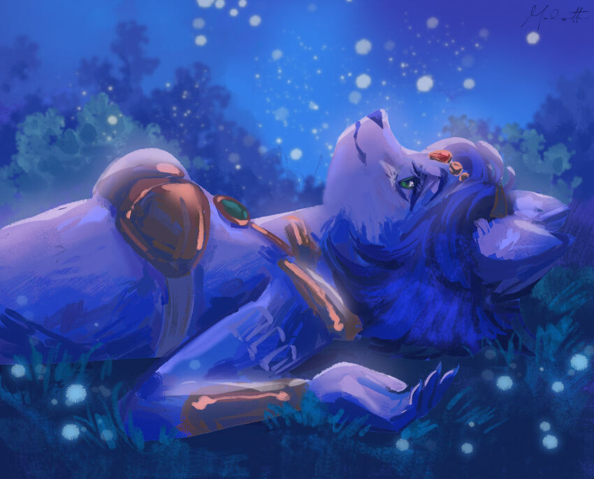 animal_ears, blue_fur, blue_hair, bra, fox_ears, furry, furry_female, grass, green_eyes, jewelry, krystal, lying, malotte, night, nintendo, star_fox, star_fox_adventures, tail, tattoo, tribal_clothes, tribal_tattoo, underwear