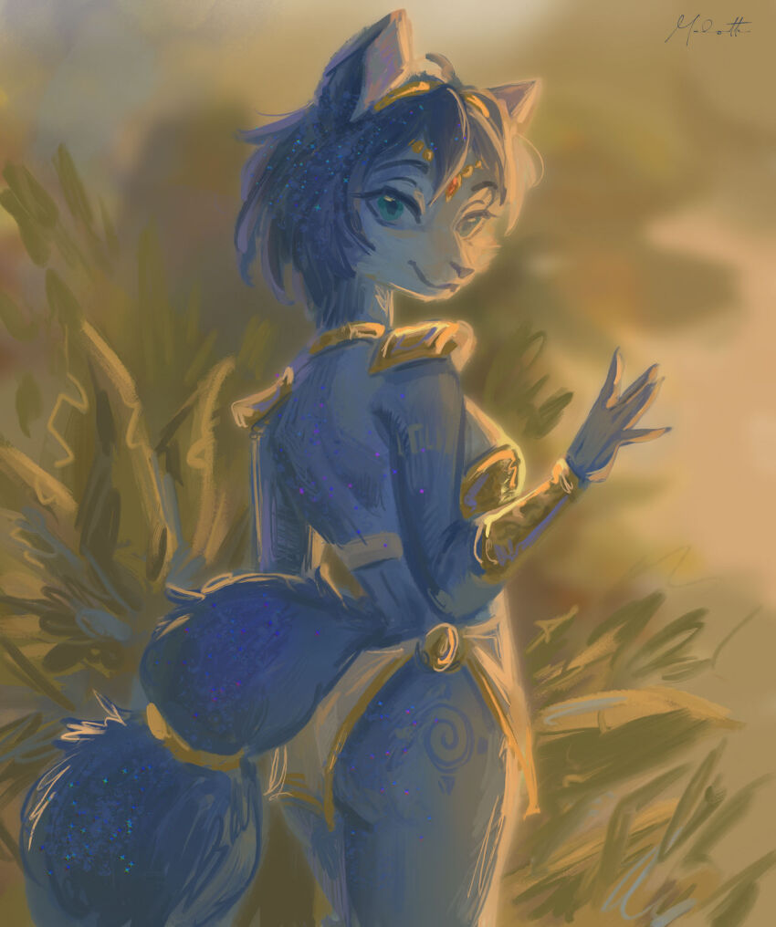 animal_ears, ass, blue_fur, blue_hair, bra, fox_ears, fox_tail, furry, furry_female, green_eyes, highres, jewelry, krystal, malotte, nintendo, plant, star_fox, star_fox_adventures, tail, tattoo, tribal_clothes, tribal_tattoo, underwear