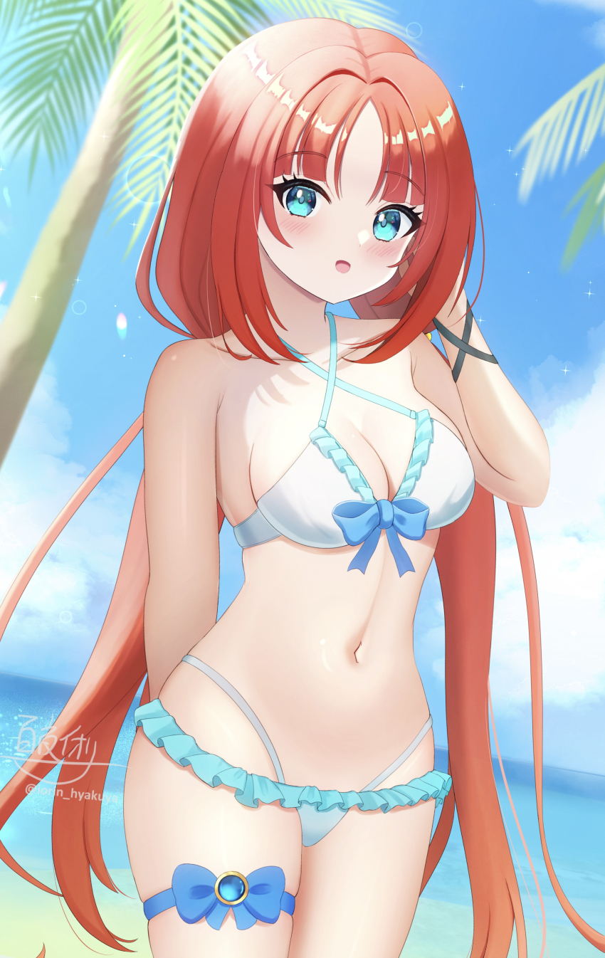 1girl, absurdres, aqua_eyes, arm_behind_back, bare_shoulders, bikini, blue_bikini, blue_gem