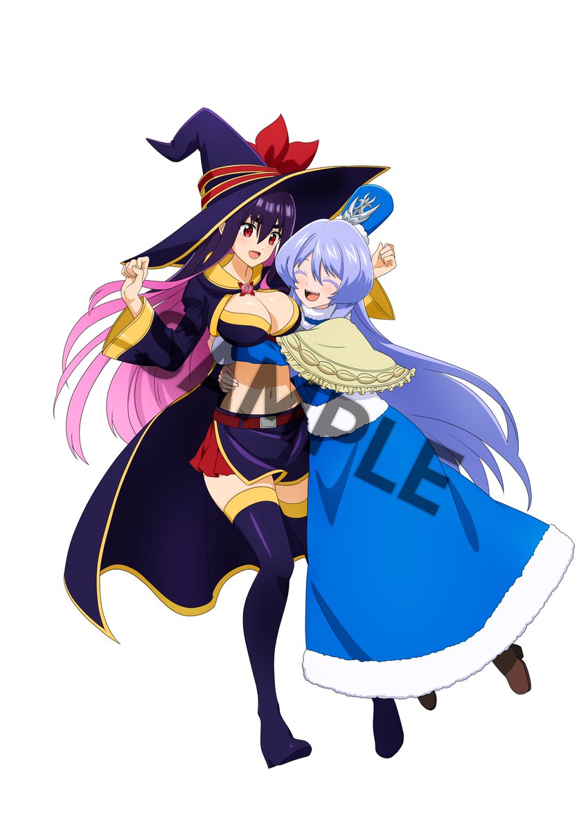 2girls, blue_dress, breasts, cleavage, dress, hat, highres, hug