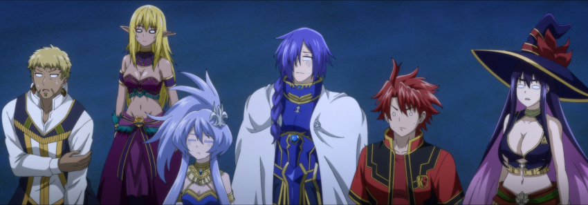 3boys, 3girls, blonde_hair, blue_hair, breasts, cleavage, hat, highres