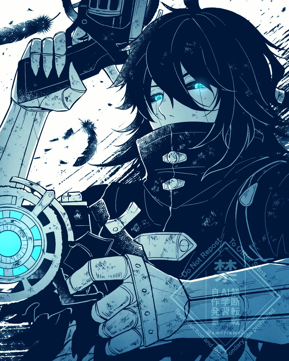 1boy, amehiko_(amepiame0), artist_name, black_feathers, black_hair, black_jacket, black_sclera, blue_eyes