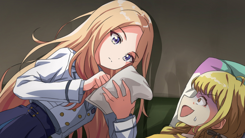 2girls, black_skirt, blonde_hair, blue_eyes, closed_mouth, commentary_request, couch, expressionless