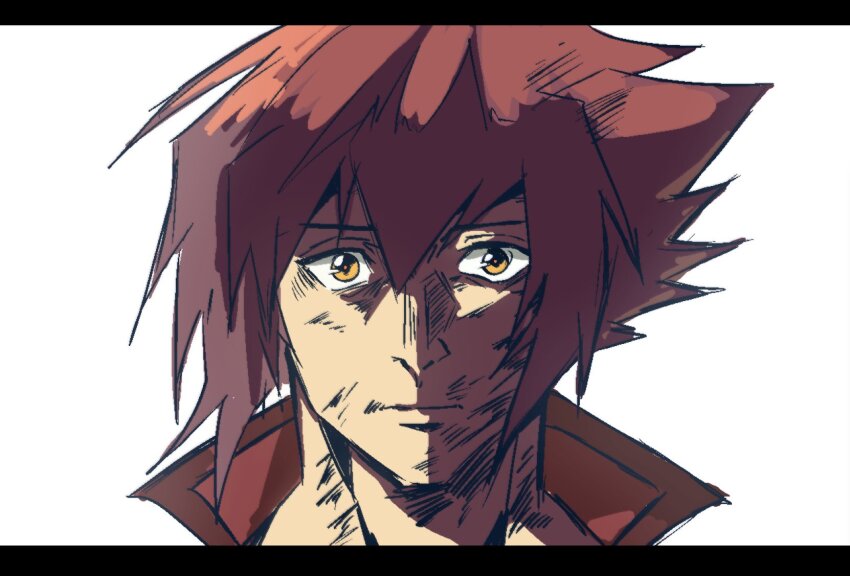 1boy, black_border, border, brown_eyes, brown_hair, cyberpunk_(series), cyberpunk:_edgerunners, dirty, highres, kenn_(voice_actor), letterboxed, male_focus, portrait, thousand_yard_stare, voice_actor_connection, white_background, xenvita, yu-gi-oh!, yu-gi-oh!_gx, yuki_judai