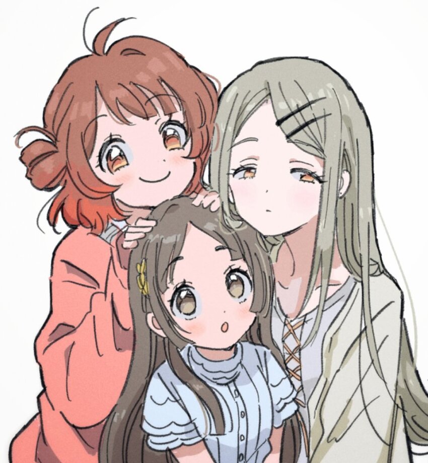 3girls, ahoge, brown_hair, camisole, cardigan, flipped_hair, gakuen_idolmaster, hanami_ume