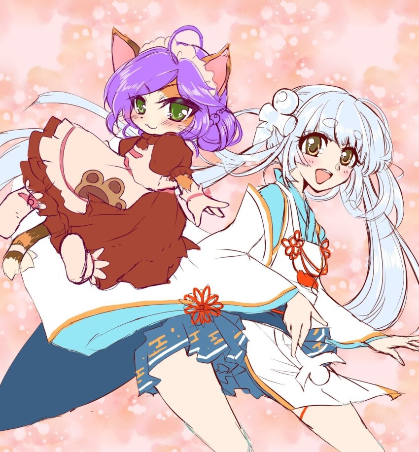 2girls, :3, :d, ahoge, animal_ears, apron, brown_dress, caprese_(ragnarok_online)