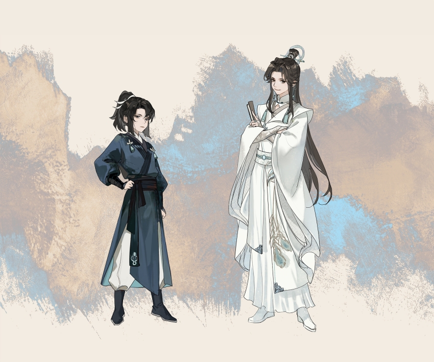 2boys, aged_down, black_boots, black_hair, blue_eyes, boots, brown_eyes, brown_hair